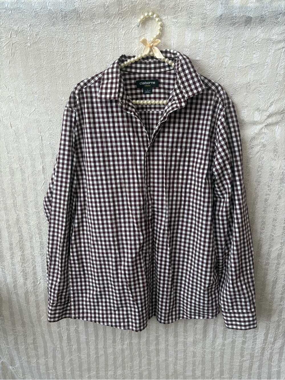 Claiborne Men’s Burgundy & White Gingham Button-Down Shirt size Large Stretch